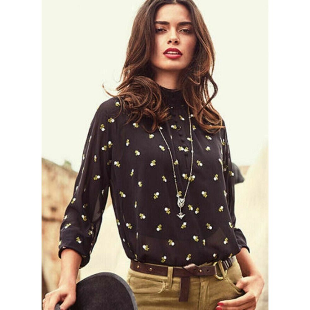 Cabi Black Balloon Sleeve Floral Embroidered Smocked Neck Semi Sheer Blouse Sz S